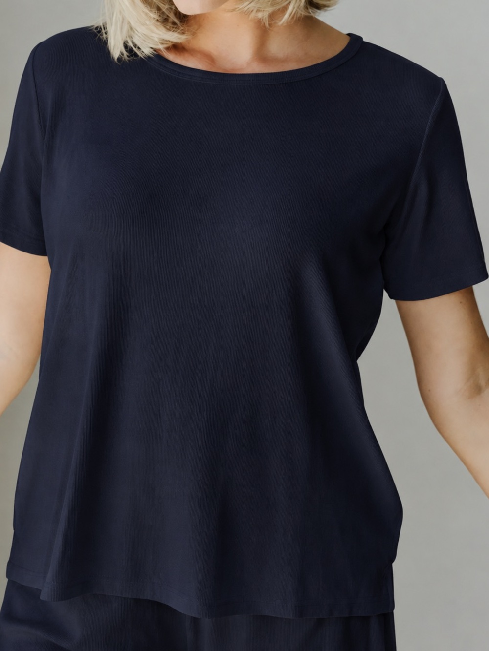 Cozy Earth Bamboo Rib-Knit Short Sleeve T Shirt Lounge Top Navy Blue Medium